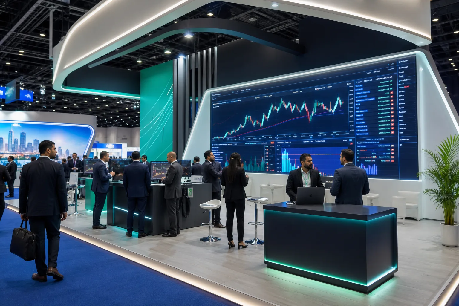 Fintech expo booth with trading technology displays